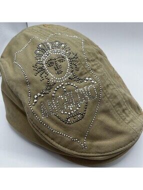 Angelino Y2K Rhinestone Flat Cap Khaki Gold Embroidered Newsboy Ivy Hat L/XL